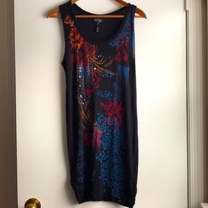 Buffalo Tank Dress Black w/ color pattern & sequin coral reef motif sz M